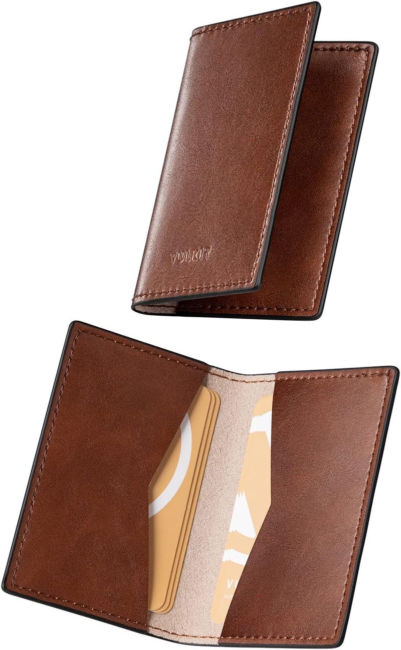 VULKIT Leather Business Card Holder 2 Sided Slim Business Name Card Organizer for Men or Women, Up to hold 20 cards (Vintage Brown) - Image 1